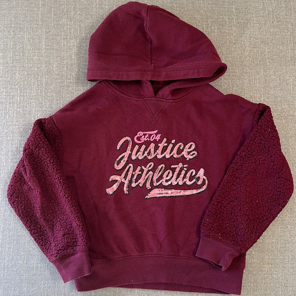 Justice Active Burgundy Fleece Sleeve Pullover Hooded Sweatshirt Size 6